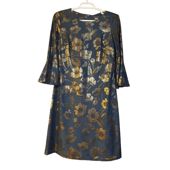Tommy Hilfiger Dresses & Skirts - Tommy Hilfiger Women Size 4 Blue Gold Shimmer Floral Dress Bell Sleeve Crew Neck